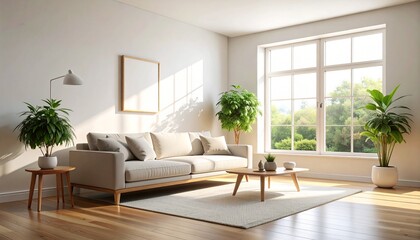 Bright, minimalist living room with a large window and abundant natural light, showcasing modern neutral decor, a comfortable sofa, and green plants for a serene, inviting atmosphere