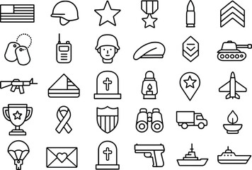 Set of military icons including medals, weapons, soldier gear, and commemorative symbols