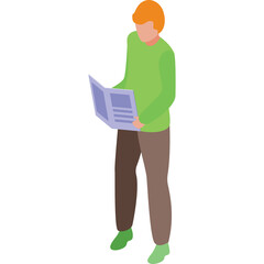 Man with orange hair wearing a green sweater and brown pants standing and reading a blue document with a white background and transparent background illustration