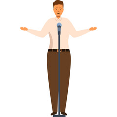 Man with Open Arms Standing at a Microphone Gesturing to Audience in a Performance Setting with a Light Peach Shirt and Brown Pants