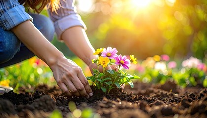 Gardener Planting Pink And Yellow Flowers In Sunlit Garden During Golden Hour With Soft Bokeh Background