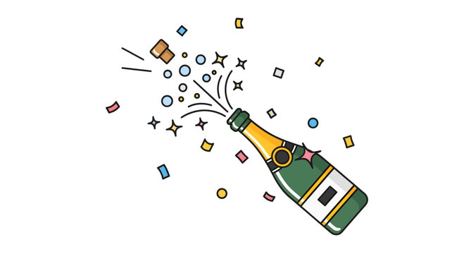 simple, colorful flat-line icon of a champagne bottle popping. The cork is flying out with an explosion of bubbles, stars, and confetti, symbolizing a party or celebration