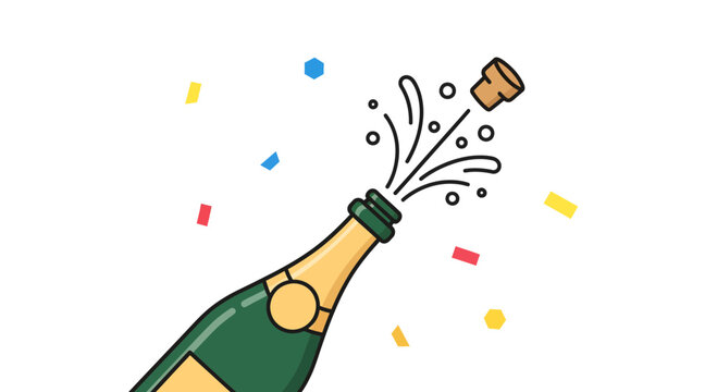 simple, colorful flat-line icon of a champagne bottle popping. The cork is flying out with an explosion of bubbles, stars, and confetti, symbolizing a party or celebration