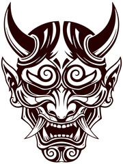 Intricate Oni mask illustration perfect for tattoos or Japanese folklore inspired designs