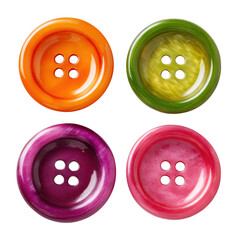 Four brightly colored round buttons with four holes each on a dark surface isolated on transparent background
