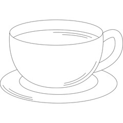 Outline Drawing of a White Coffee Cup and Saucer With Dashed Lines and Dots On a Transparent Background Representing a Simple Beverage Container.
