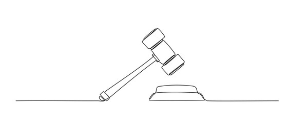 Continuous line illustration of law hammer. Doodle sketch. Hand drawn vector one line icon isolated on white background.
