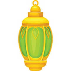 Ornate Gold Metal Lantern With Green Glass Panels And Intricate Designs illuminated In Soft Light isolated On White