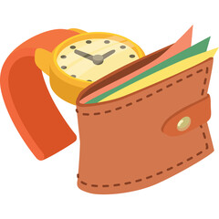 Orange Wristwatch and Brown Leather Wallet with Colorful Bills Isolated on White Background