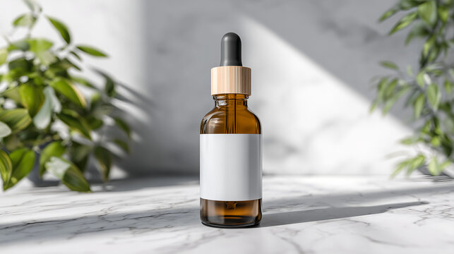 Dropper bottle for mockup featuring a brown glass design, suitable for skincare serum packaging in a minimalistic setting with greenery