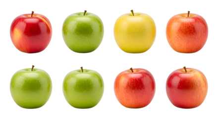 Assorted colorful apples including red, green, yellow, and orange varieties isolated on white background, perfect for healthy lifestyle or food content