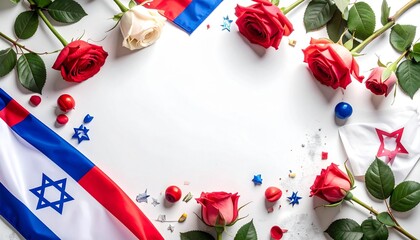 Floral frame with Israeli and South Korean flags on white parchment background