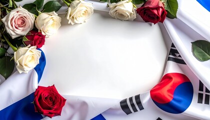 Floral frame with Israeli and South Korean flags on white parchment background