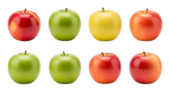 Assorted colorful apples including red, green, yellow, and orange varieties isolated on white background, perfect for healthy lifestyle or food content