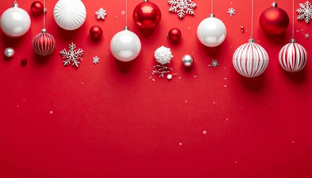 Christmas ornaments and snowflakes on red festive background