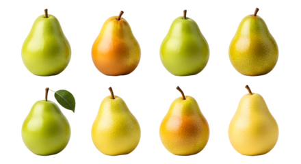 Set of fresh ripe pears isolated on white background, healthy fruit variety perfect for food blogs