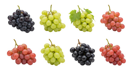 Fresh assorted grape bunches in black, green, and red colors isolated on white background, ideal for healthy food and fruit presentations