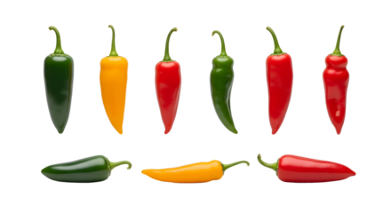 Fresh colorful chili peppers in green, yellow and red isolated on white background, perfect for food blogs and cooking recipes