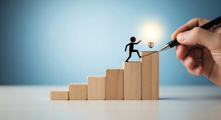 Hand Drawing Stick Figure Climbing Wooden Blocks Toward Lightbulb — Concept of Growth, Progress, and Innovation