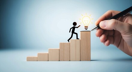 Hand Drawing Stick Figure Climbing Wooden Blocks Toward Lightbulb — Concept of Growth, Progress, and Innovation