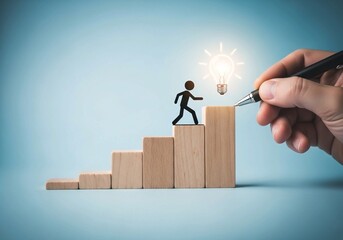 Hand Drawing Stick Figure Climbing Wooden Blocks Toward Lightbulb — Concept of Growth, Progress, and Innovation
