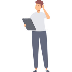 Man Wearing A White T Shirt And Blue Pants Holds A Clipboard And Scratches His Head Against A Transparent Background