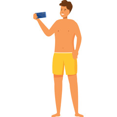 Man Wearing Yellow Shorts Taking a Selfie with a Blue Smartphone Outdoors on a Transparent Background
