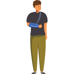 Man with arm in sling stands in distress wearing a black shirt and olive green pants isolated on white background