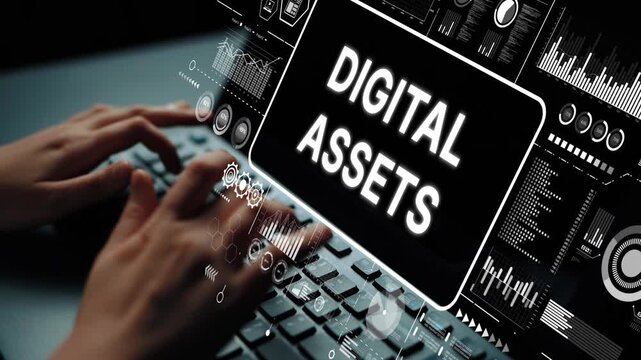 Digital Assets Representation with Hands Typing on Keyboard and Futuristic User Interface Elements in Dark Environment. Asymptotic smart data analytic.