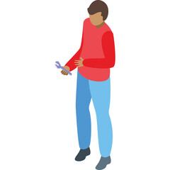Man In Red Long Sleeve Shirt And Blue Jeans Holding Wrench With Transparent Background