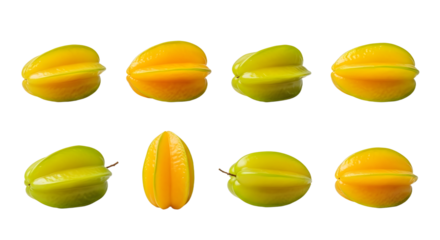 Fresh star fruits arranged in two rows showcasing yellow and green carambola with translucent texture on a white background, perfect for healthy food themes