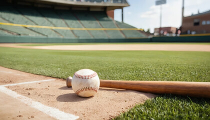 Baseball bat and ball rest on dusty infield dirt at sunny stadium ready for game time action