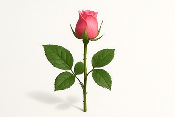 Single pink rose with green leaves on white background, elegant floral minimal composition