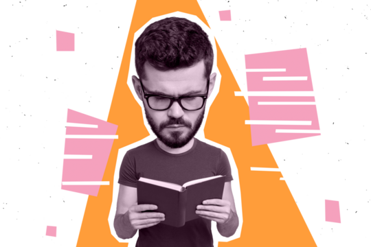 Creative picture collage young man nerd read book literature education study university learner enlarged head caricature