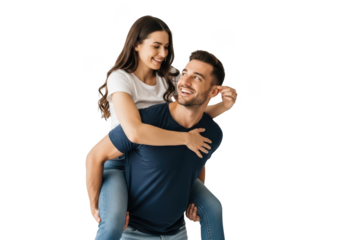 Happy couple piggyback ride smiling together isolated on transparent background