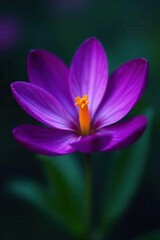 Fototapeta premium Intense violet petals, golden stamen, moody setting, dark, bloom, flower photography