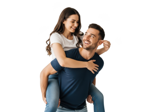 Happy couple piggyback ride smiling together isolated on transparent background