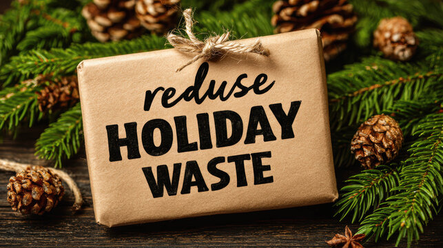 Sustainable Holiday Consumption, kraft-wrapped gift box with bold reduce holiday waste message surrounded by pine branches and cones, promoting mindful festive awareness and low-waste seasonal
