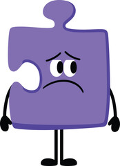 Sad purple puzzle piece cartoon character with unhappy face expression, missing connection concept, loneliness illustration, emotional vector artwork, isolated design.