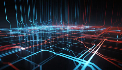 Dynamic digital network visualization with glowing blue and red data streams, representing futuristic technology and global connections.