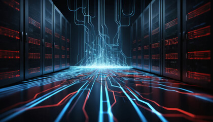 Dynamic data center illuminates with vibrant blue and red circuitry, showcasing cutting edge technology powering the digital future.