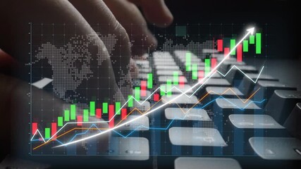 Focus on hands typing on a keyboard with vibrant financial graphs and charts overlay, showcasing stock market trends, analysis, and growth indicators. Copula - Powered by Adobe