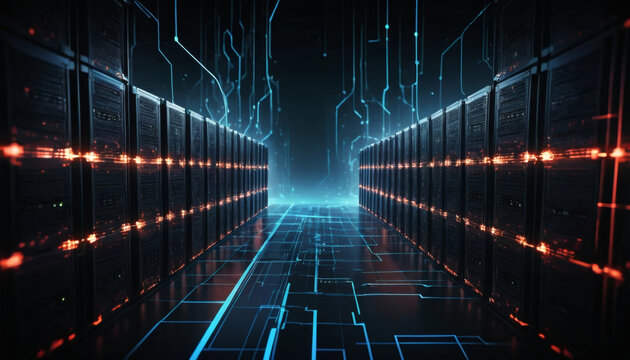 Immersive digital data center with glowing server racks and futuristic network pathways, symbolizing innovation and advanced technology - Powered by Adobe