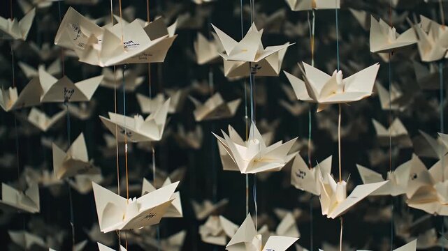 A Forest of Delicate White Origami Cranes Suspended Along a Dark Window Frame