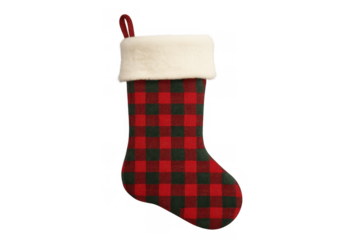 Christmas stocking featuring red and green buffalo check plaid pattern, white faux fur cuff, and hanging loop for holiday decor
