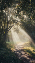 Foggy path through trees with sunlight rays
