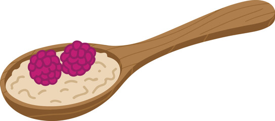 Wooden spoon with oatmeal and raspberries, healthy breakfast illustration, organic food concept, natural diet meal, nutrition design isolated.