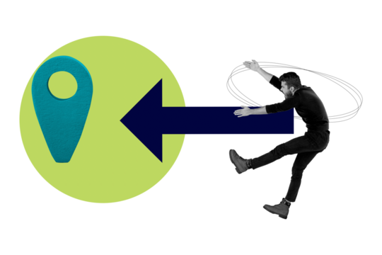 Composite sketch design artwork 3D photo collage of map gps location point route way arrow show direction young man fly achievement