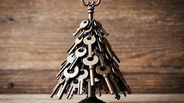 Antique metal keys arranged into the shape of a Christmas tree, standing on a rustic wooden table, symbolizing home security and holiday season