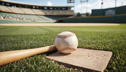 Experience the thrill of the game with a classic baseball and bat ready for action on a sunlit field